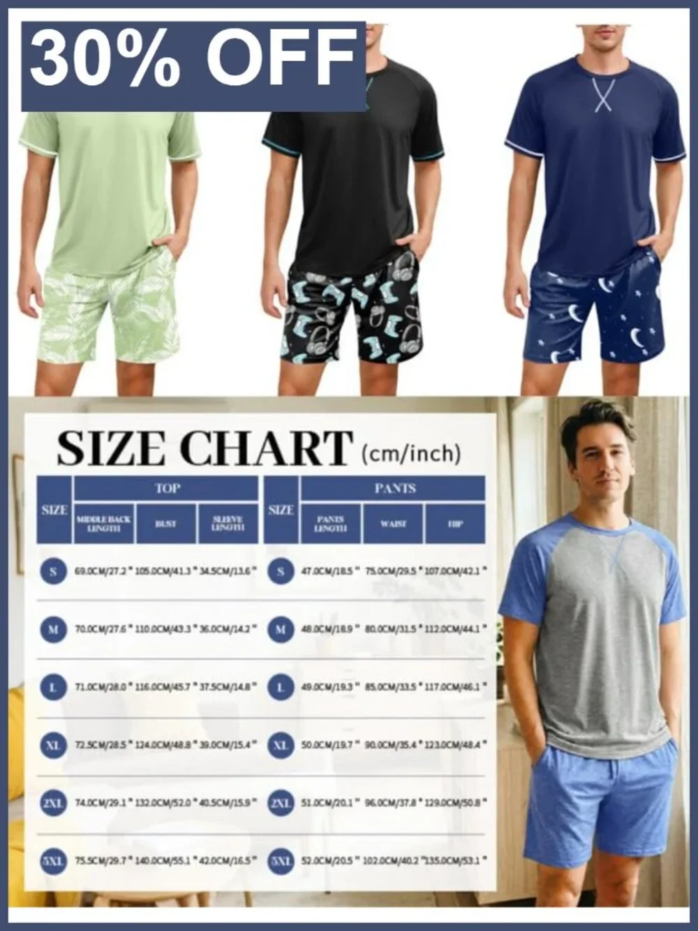 Mens Cotton Pajama Set 2 Piece Summer Sleepwear Short Sleeve Lounge Pjs with